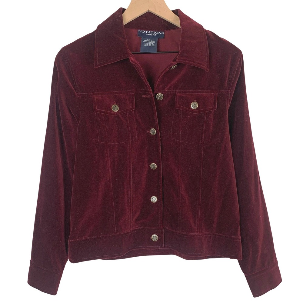 VTG NOTATIONA 100% Cotton Velvet Trucker Jacket Women's M Burgundy Wine Red EUC